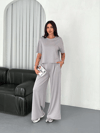 Osy Modal Yumuşak Dokulu Kumaş Bisiklet Yaka T-shirt Bol paça Pantalon ikili Takım - Boyalı Gri