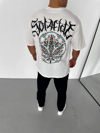 Unisex Bisiklet Yaka Baskılı Oversize T-Shirt - Beyaz