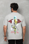 Unisex Bisiklet Yaka Baskılı Oversize T-Shirt - Gri