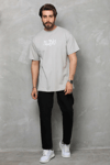 Unisex Bisiklet Yaka Baskılı Oversize T-Shirt - Gri