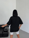 Unisex Bisiklet Yaka Baskılı Oversize T-Shirt - Siyah