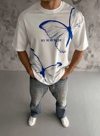 Unisex Bisiklet Yaka Baskılı Oversize T-Shirt - Beyaz