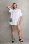Unisex Bisiklet Yaka Baskılı Oversize T-Shirt - Beyaz