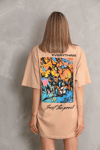 Unisex Bisiklet Yaka Baskılı Oversize T-Shirt - Bej