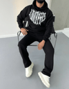 Uzun Kol Kapüşonlu Baskılı SweatShirt - Siyah