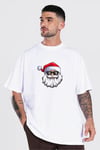 Yılbaşı Gözlüklü Noel Baba Baskılı Kısa Kollu Oversize Bisiklet Yaka T-shirt - Beyaz