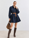 Uzun Kollu Pileli Denim Elbise