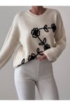 İNCİ WEARS  Siyah Motifli Oversize Krem Triko Kazak