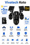 Vivatech Koto 128GB Hafıza Kartlı 4G Çift Solar Panelli Güvenlik Kamerası - 12MP 3 Lensli, HiEasy AOV Sürekli Kayıt (+5 GB İnternet)