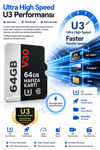 Vivatech O-Kam 64GB U3 Class 10 Micro SD Hafıza Kartı - Faster Transfer Speed 4K Video Kayıt Destekli (V30)