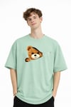 MN - Bear Baskılı Oversize Tişört SU YESILI