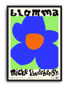 Blomma Blue Flower Modern Duvar Tablosu – Yeşil Zeminli Tipografik Çiçek Poster