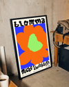 Blomma Flower Modern Duvar Tablosu – Turuncu Mavi Tipografik Çiçek Poster