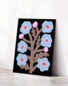 Blue Branch Mavi Pembe Dallı Retro Çiçek Duvar Tablosu