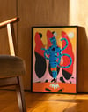 Blue Cat Rider Modern Duvar Tablosu – Sürreal Kedi Figürlü Renkli Poster