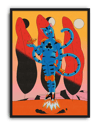 Blue Cat Rider Modern Duvar Tablosu – Sürreal Kedi Figürlü Renkli Poster