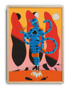 Blue Cat Rider Modern Duvar Tablosu – Sürreal Kedi Figürlü Renkli Poster
