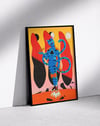 Blue Cat Rider Modern Duvar Tablosu – Sürreal Kedi Figürlü Renkli Poster
