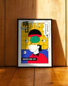 Wake Me Up Renkli Japon Figüratif Duvar Tablosu - Sarı Mavi Zeminli Tipografik Poster