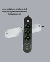 2 Metre Kablolu 3 USB Portlu Anahtarlı Üçlü Priz