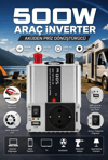 500W Fanlı Akü İnverteri 12V DC Giriş 220V AC Çıkış USB Portlu Taşınabilir Araç Kullanımı