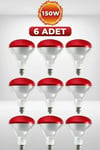(6 Adet) 150W Kızılötesi Isıtıcılı Hayvan Isıtma ve Kuluçka Lambası (Kırmızı Işık) E27 (Kalın Duy)