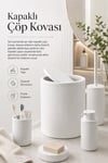 Beyaz Banyo Düzenleyici Set 5 Parça Çöp Kovası Tuvalet Fırçası Sabunluk Fırçalık