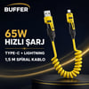 BUFFER® 4'ü 1 Arada Esnek Spiral Hızlı Şarj Kablosu, Araç İçi Yaylı Kablo, Type-C ve Lightning Uyumlu Çoklu Şarj Kablosu