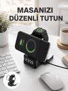Dijital Saatli Kablosuz Şarj İstasyonu – 3’ü 1 Arada Uyumlu Hızlı Şarj ve LED Ekran Yeni Nesil