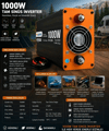 Eco Lounge 1000W Tam Sinüs İnverter 12V DC 220V AC Çevirici USB Çıkışlı Araç Karavan Solar Güç Dönüştürücü