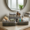 Gri 3 Boy D.dörtgen Bambu Kenar Organizer Sepet Ahşap Altlık - Bezli 25x14-28x18-20x30cm Bx40