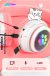 Kedili pembe kulak üstü kulaklık stereo ses ANC mikrofon FM radyo SD kart RGB ışık