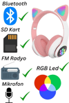 Kedili pembe kulak üstü kulaklık stereo ses ANC mikrofon FM radyo SD kart RGB ışık