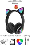 Kulak üstü Bluetooth 5.0 gri kedili kulaklık mikrofonlu FM radyo SD kart AUX RGB ışıklı