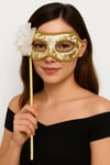 Lüks Taşlı Saplı Maskeli Balo Maskesi Beyaz Renk 35 cm