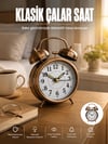 Metal Bronz Nostaljik Masa Saati Alarmlı Büyük Boy Sessiz Mekanizmalı