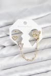 Pirinç Gold Renk Kalp Model Zincir Bağlantılı Ear Cuff Küpe Seti