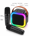 Taşıma Askılı Siyah LED Işıklı Bluetooth Hoparlör Çift Mikrofonlu Karaoke Seti