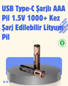 USB Type-C Şarjlı AAA Lityum Pil 1000+ Şarj Döngüsü ile Uzun Ömür