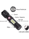Ws-2828 Ultra Usb Şarjlı Polis El Feneri, Bekçi, Asker El Feneri Kırmızı Mavi Çakarlı 1000 Lümen Bx40