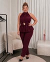 Halter Yaka Çiçek Broşlu Takım Bordo 2522B