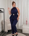 Halter Yaka Çiçek Broşlu Takım Lacivert 2522L