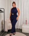 Halter Yaka Çiçek Broşlu Takım Lacivert 2522L