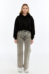 Kadın Siyah Kapüşonlu Içi Pamuklu Oversize Basic Sweatshirt