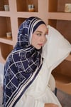 C Şeritli Desen Monogram İpek Vual Şal Lacivert