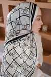 C Şeritli Desen Monogram İpek Vual Şal Beyaz