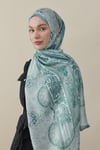 Etnik Desen Vual İpek Şal Mint Yeşili