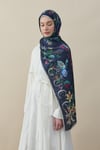 Flora Luxe Vual İpek Şal Lacivert Krem