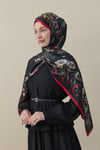 Flora Luxe Vual İpek Şal Siyah Kırmızı