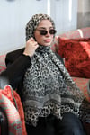 Leopar Desen Yün İpek Organze Şal Siyah